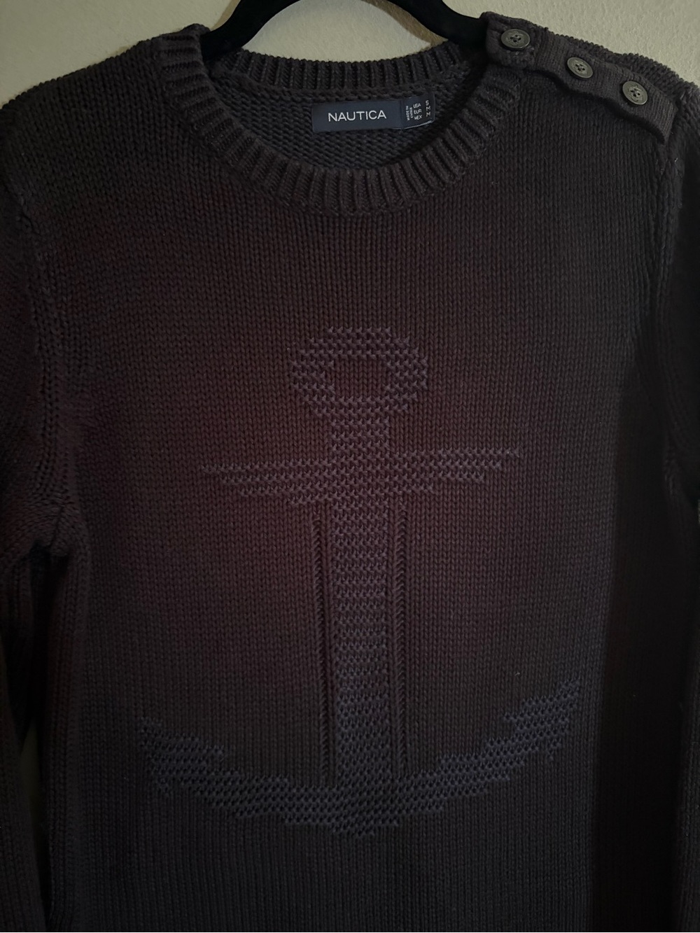 Nautica Anchor Knit Sweater Navy 100% Cotton Crewneck Shoulder Button Nautical - Picture 7 of 14